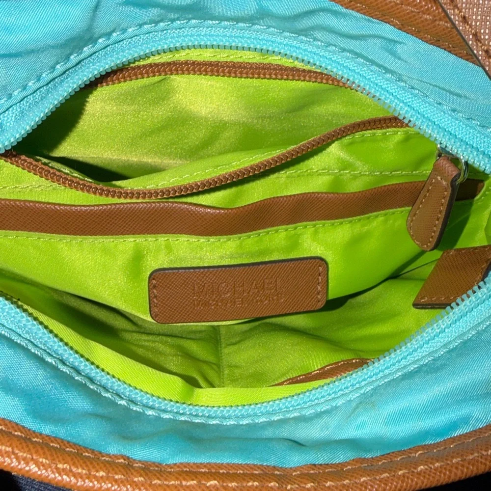 Michael Kors “Kempton” Aquamarine Nylon Crossbody Bag with Leather Trim